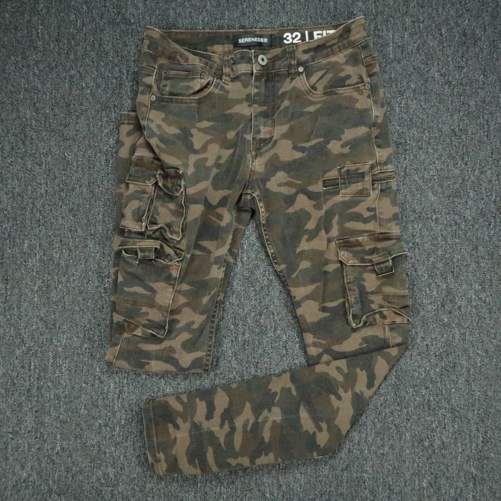 Serenede Jeans Mens 32x32 Green Brown Camo Cargo Fitted Tapered Stretch